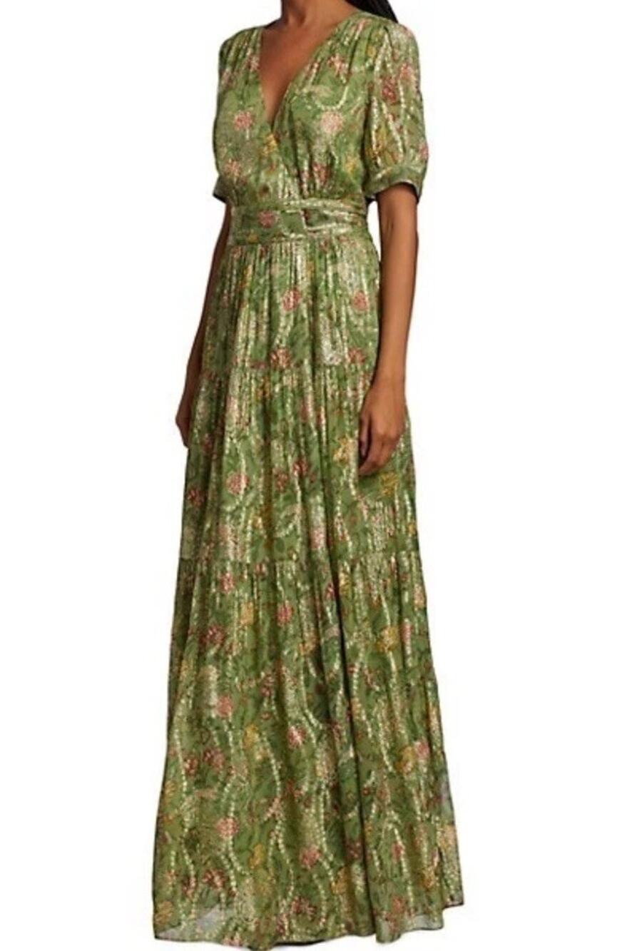 ba&sh Green Floral Metallic Rubi V-Neck True Wrap Puff Sleeve Tier Maxi Dress XS